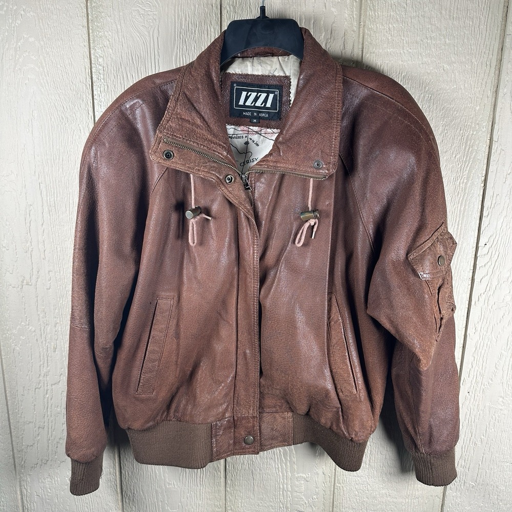 IZZI Leather Bomber Jacket Mens Medium Brown Vintage 80s 90s Full Zip Lined